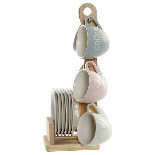 SET 6 TAZAS CAFE ITEM RUBBERWOOD C/PLATOS+SOPORTE